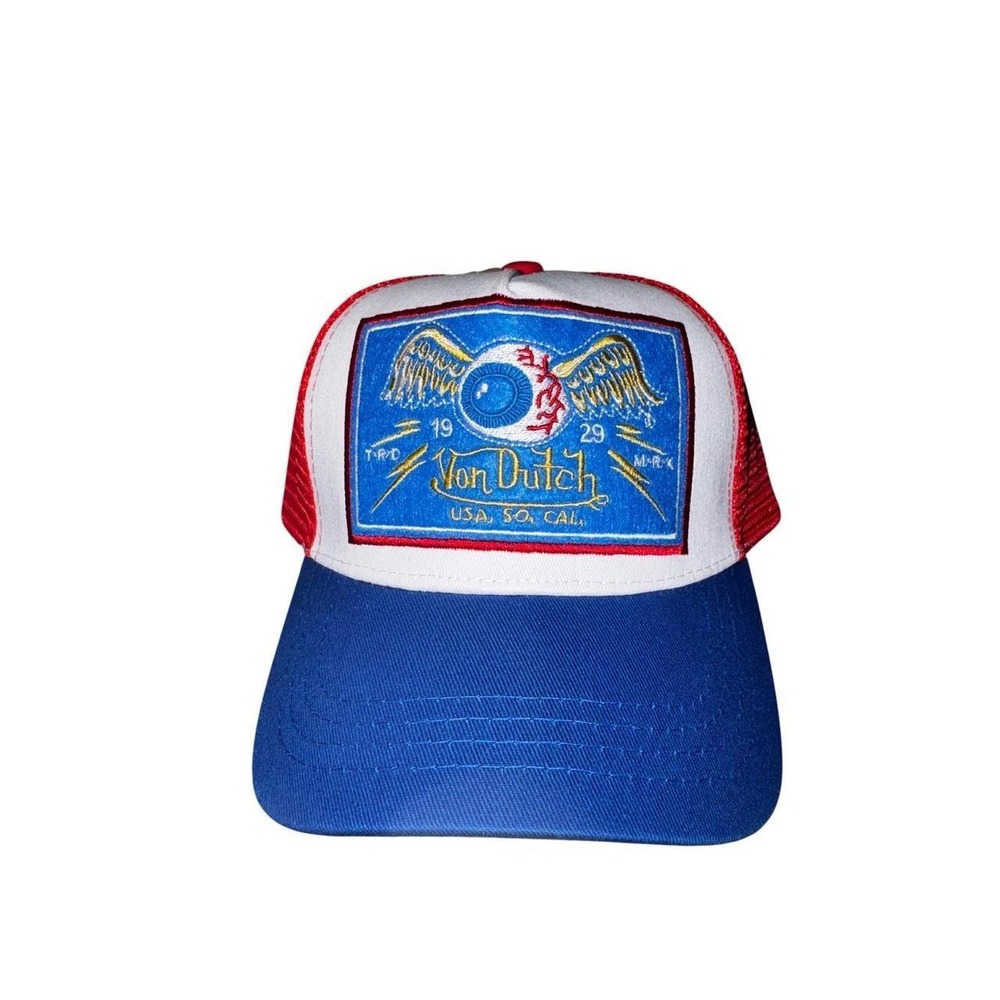Flying Eyeball Trucker Hat Red White Blue Y2K Mesh Snapback Cap